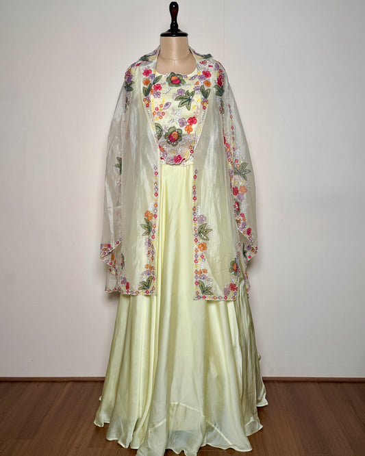 Butter Yellow Chiffon Silk Appliqué, Sequin & Spring Embroidered Lehenga – Un Ghagra 2 U