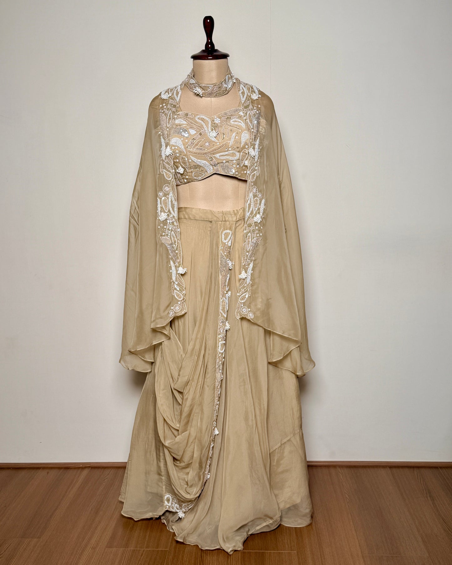 Cream Beige Pure Organza Silk Cut Dana & Moti Embroidered Lehenga Set – SS-794 J