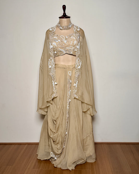 Cream Beige Pure Organza Silk Cut Dana & Moti Embroidered Lehenga Set – SS-794 J