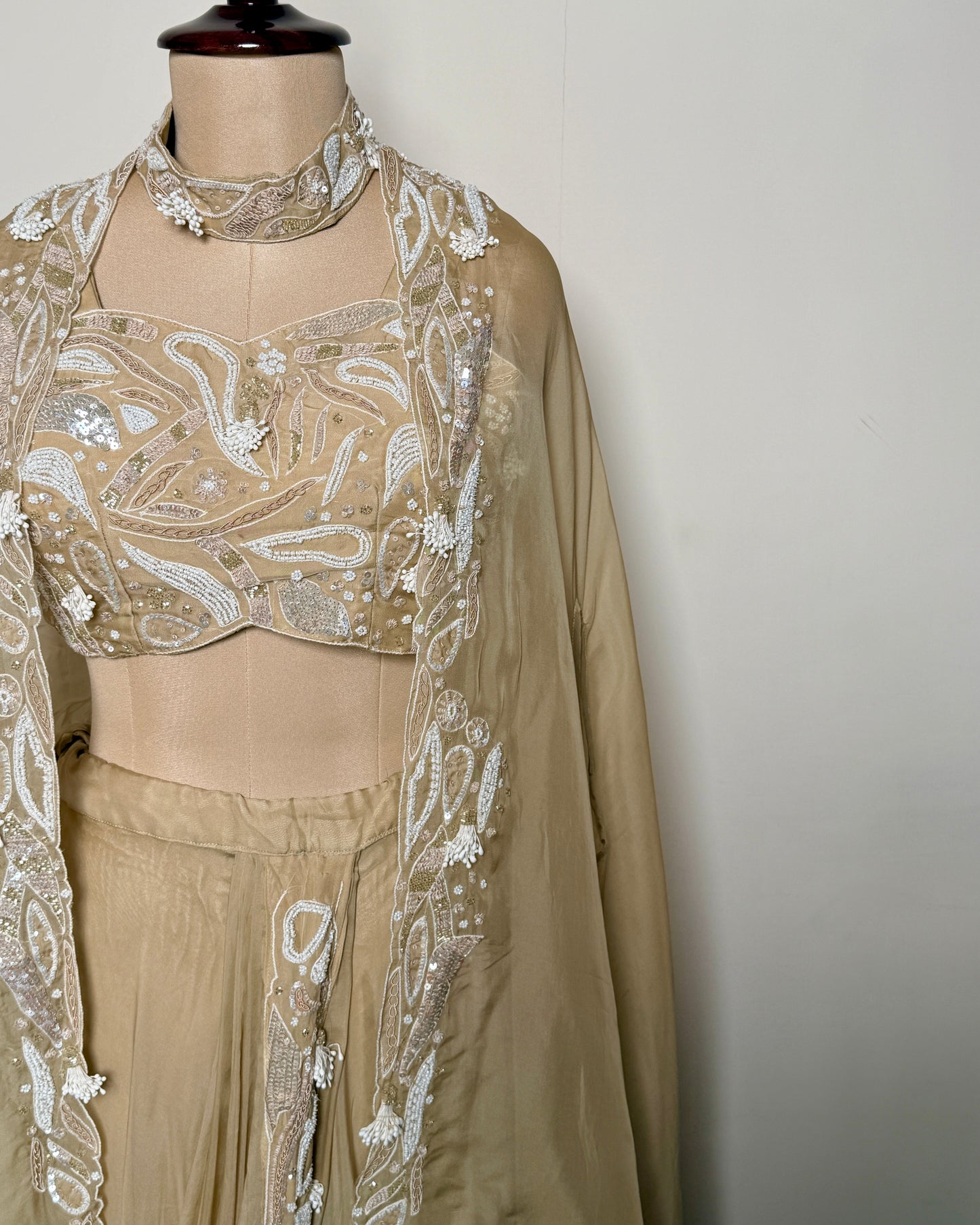 Cream Beige Pure Organza Silk Cut Dana & Moti Embroidered Lehenga Set – SS-794 J