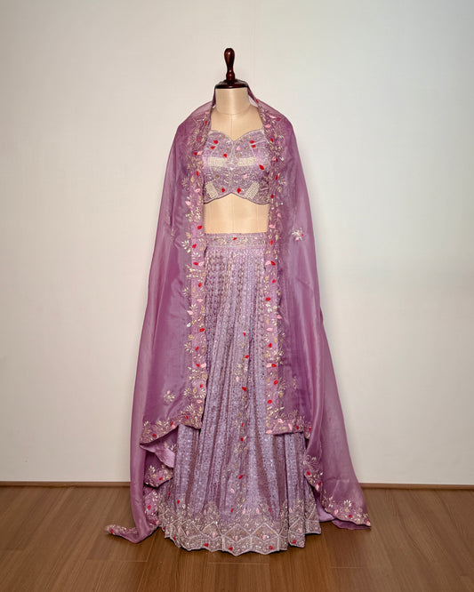 Lavender Jacquard & Organza Silk Thread Cut & Moti Work Lehenga Set – SB 675 LC AG
