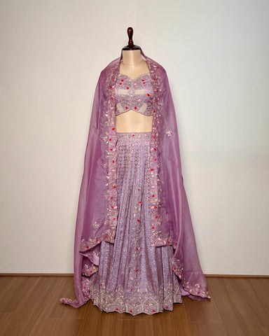 Lavender Jacquard & Organza Silk Thread Cut & Moti Work Lehenga Set – SB 675 LC AG