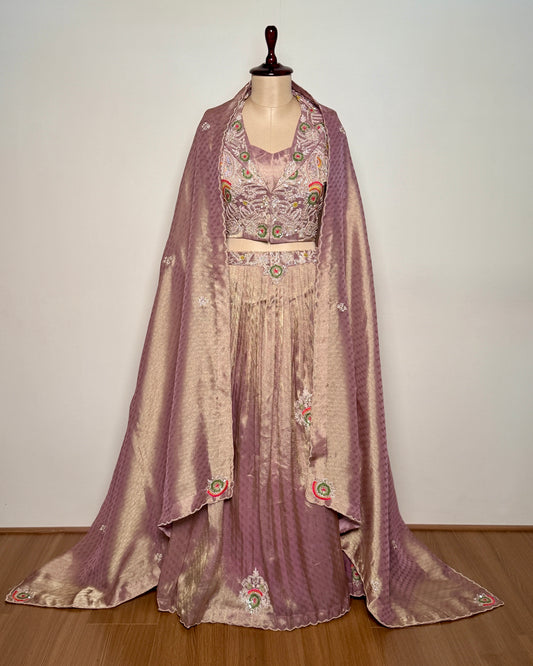 Soft Pink Jacquard Silk Aari & Knot Embroidered Indo-Western – SB 691 LC AG