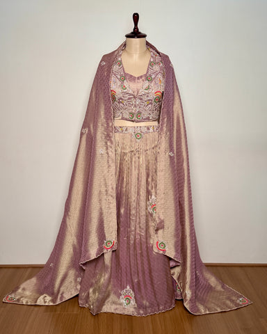 Soft Pink Jacquard Silk Aari & Knot Embroidered Indo-Western – SB 691 LC AG