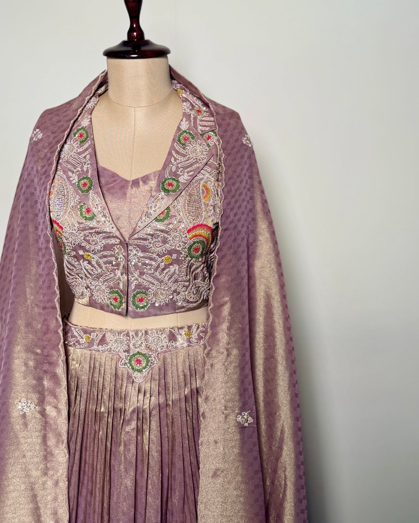 Soft Pink Jacquard Silk Aari & Knot Embroidered Indo-Western – SB 691 LC AG