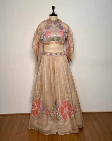 Copper Rose Organza Silk Appliqué, Aari & Cut Dana Embroidered Lehenga Set – Un Ghagra 1 U