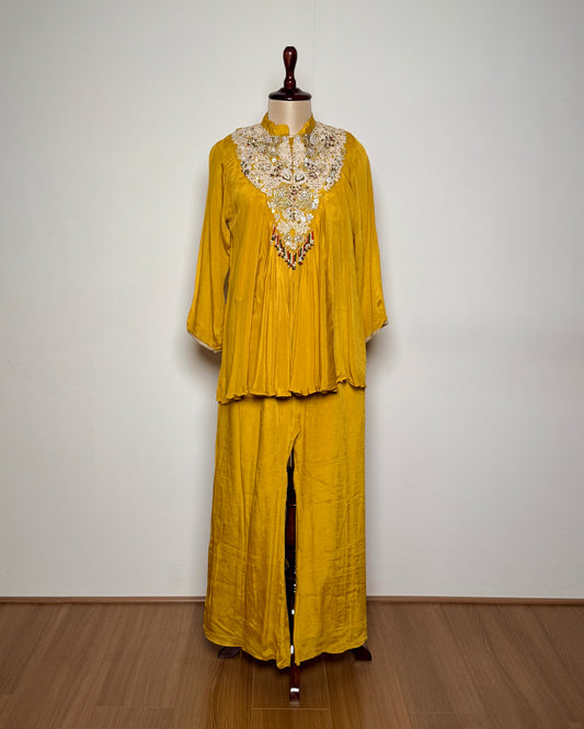 Marigold Yellow Georgette Zari, Bead & Thread Embroidered Indo-Western – SUIT / S-179 / MUSTARD