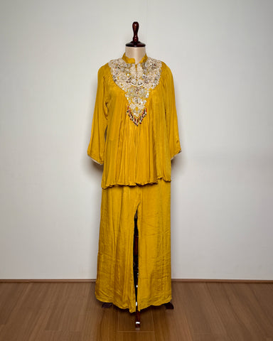 Marigold Yellow Georgette Zari, Bead & Thread Embroidered Indo-Western – SUIT / S-179 / MUSTARD