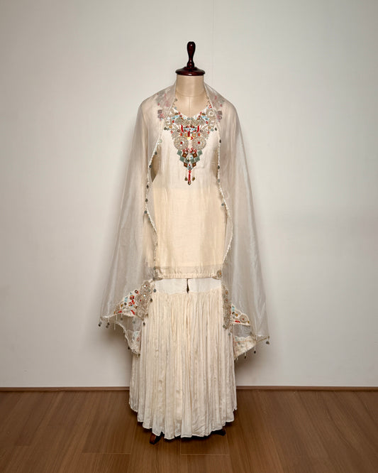 Cream White Silk Thread, Aari & Bead Embroidered Kurti with Sharara – SUIT / S-264 / OFFWHITE R