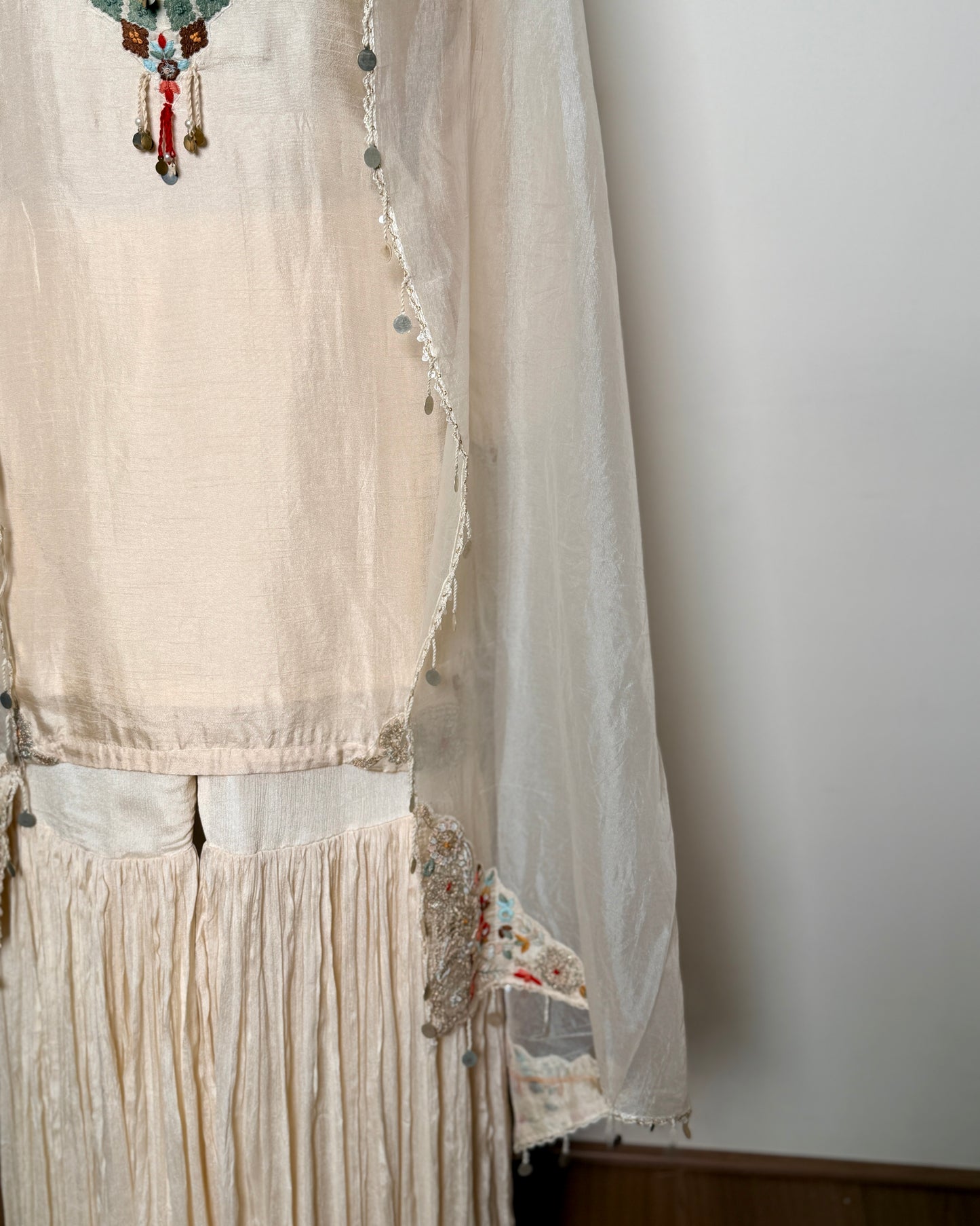 Cream White Silk Thread, Aari & Bead Embroidered Kurti with Sharara – SUIT / S-264 / OFFWHITE R