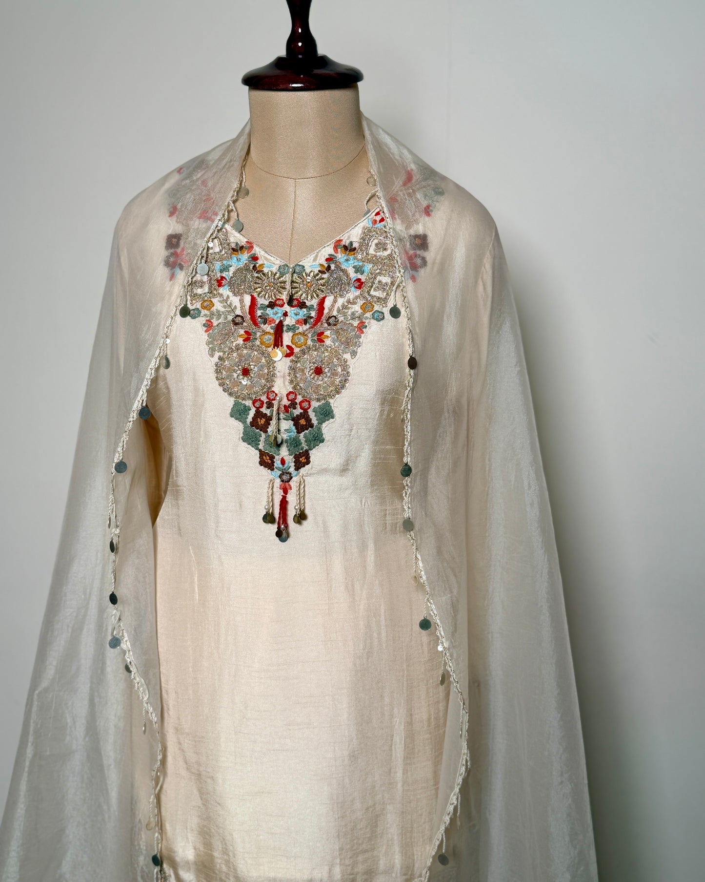 Cream White Silk Thread, Aari & Bead Embroidered Kurti with Sharara – SUIT / S-264 / OFFWHITE R