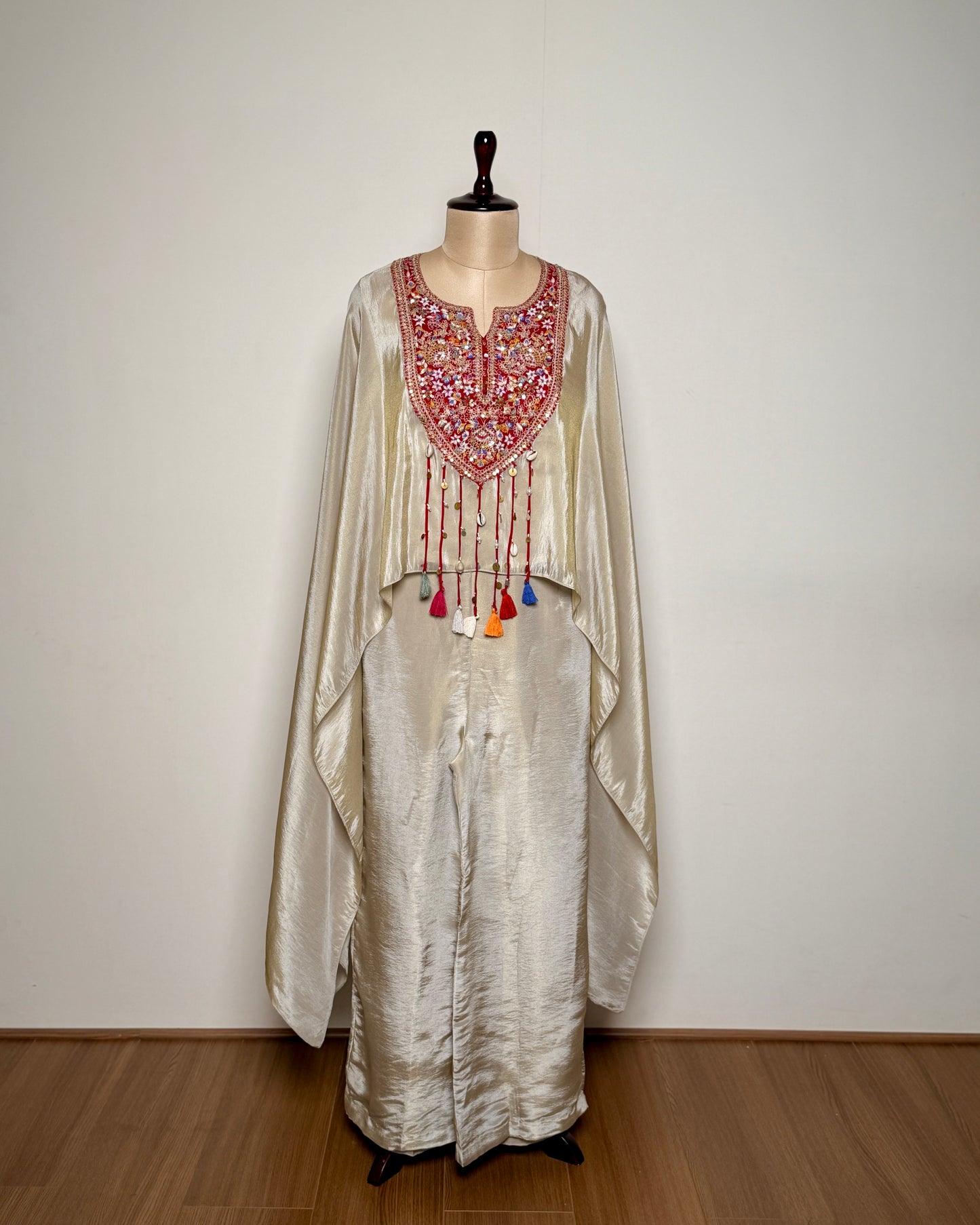 Off Cream White Pure Silk Thread, Zari & Spring Embroidered Indo-Western – TF-P-817 L