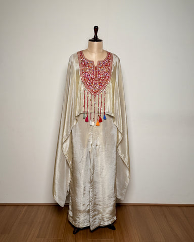 Off Cream White Pure Silk Thread, Zari & Spring Embroidered Indo-Western – TF-P-817 L