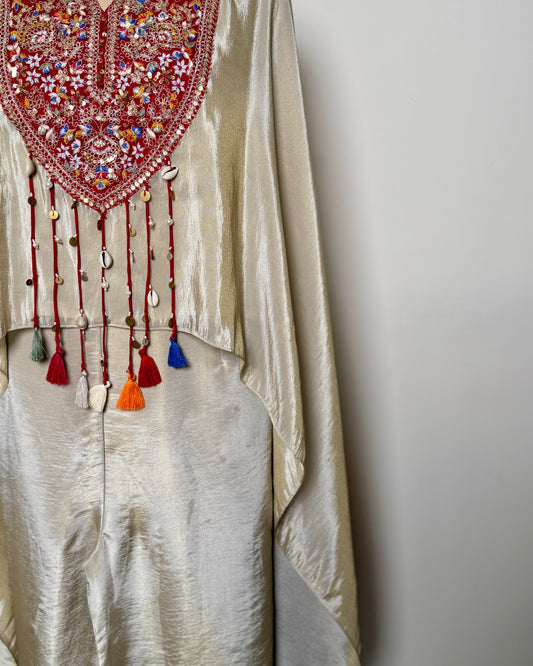 Off Cream White Pure Silk Thread, Zari & Spring Embroidered Indo-Western – TF-P-817 L