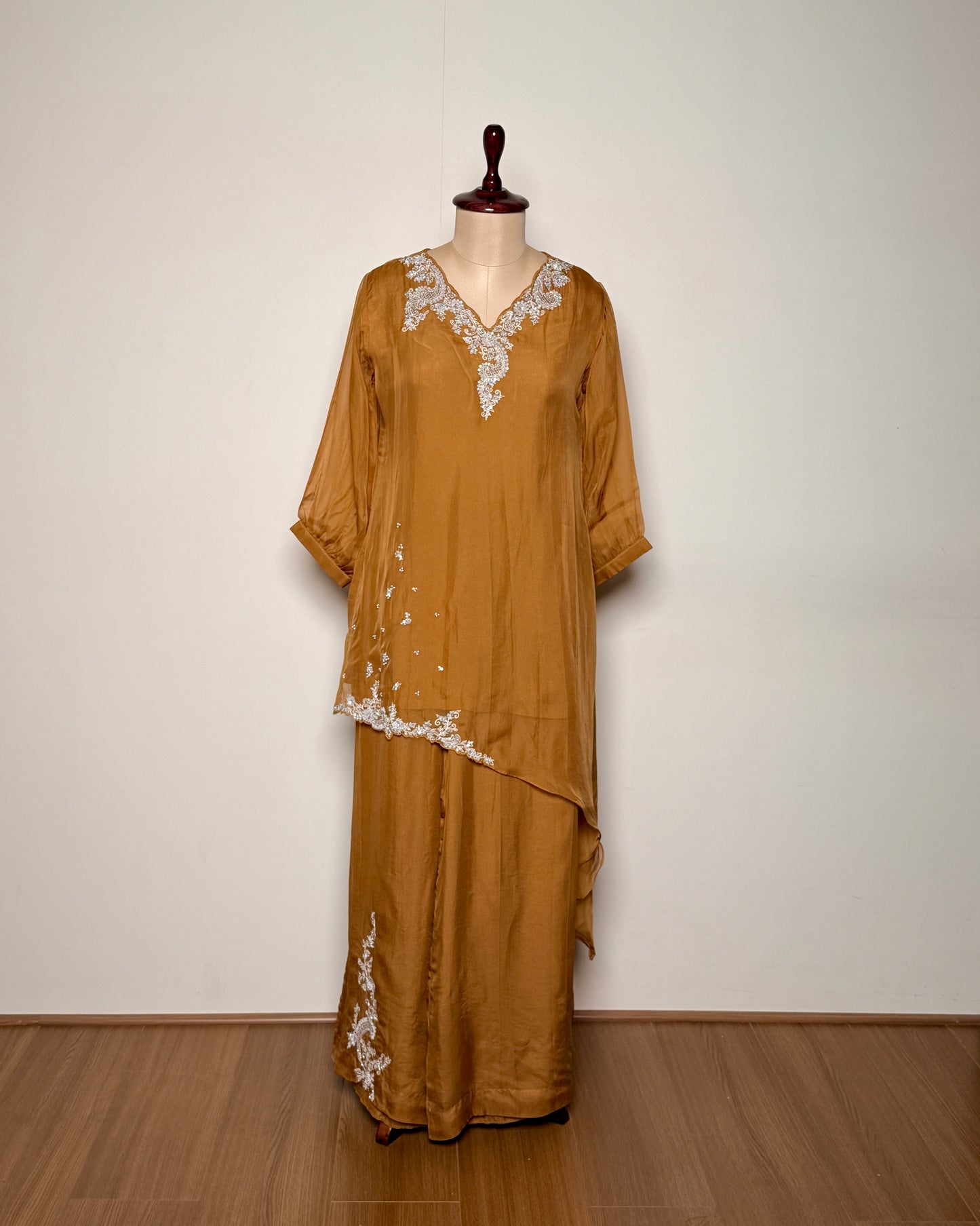 Mustard Yellow Chiffon Silk Zardosi, Bead & Zari Embroidered Indo-Western – TF-P-1039 L