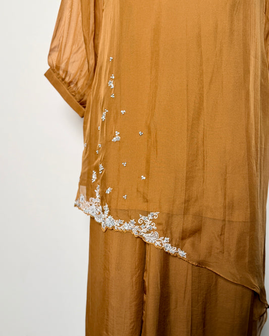 Mustard Yellow Chiffon Silk Zardosi, Bead & Zari Embroidered Indo-Western – TF-P-1039 L