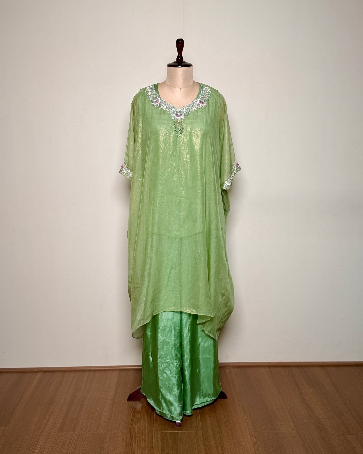 Green Net Silk & Pure Silk Zari, Thread & Spring Embroidered Kurti Set – TF-P-920 L