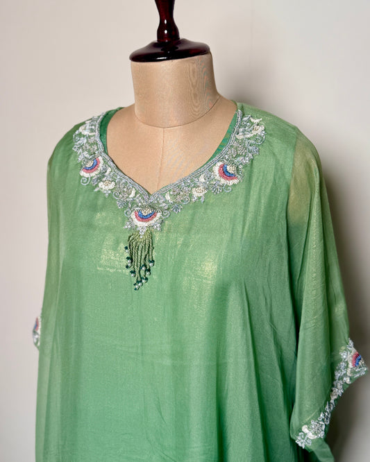 Green Net Silk & Pure Silk Zari, Thread & Spring Embroidered Kurti Set – TF-P-920 L