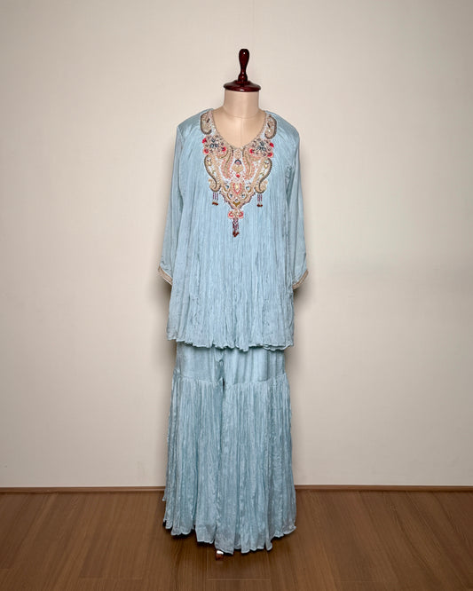 Sky Blue Chiffon Silk Aari & Spring Embroidered Indo-Western – SUIT / S-290 / POW BLUE R