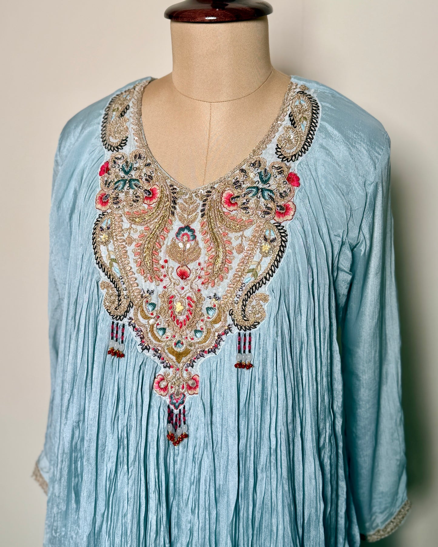 Sky Blue Chiffon Silk Aari & Spring Embroidered Indo-Western – SUIT / S-290 / POW BLUE R