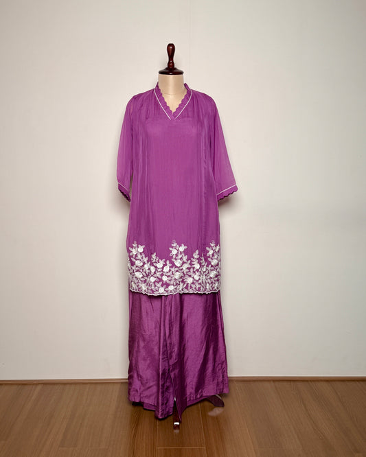 Lavender Chiffon & Silk Thread, Aari & Patch Embroidered Kurti Set – TF-P-928 L