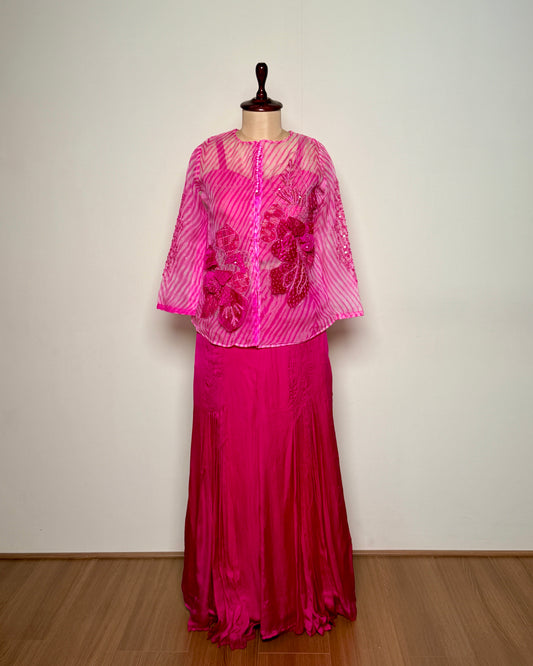 Rani Pink Organza Leheriya & Satin Sequin Appliqué Indo-Western – Un Ghagra 4 U