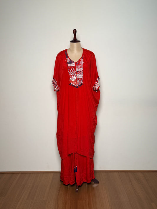 Red Georgette Mirror & Thread Hand Embroidered Indo-Western – K- 3485 E