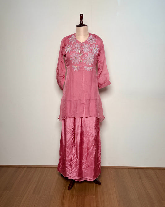 Mauve Pink Chiffon & Satin Moti Floral Embroidered Kurti Set – TF-P-961 L