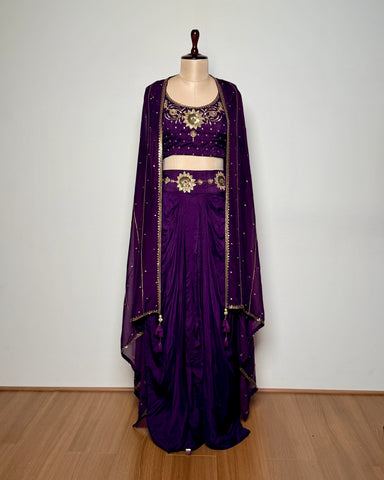 Purple Silk & Chiffon Golden Sequin Zari Embroidered Indo-Western – 38655391265