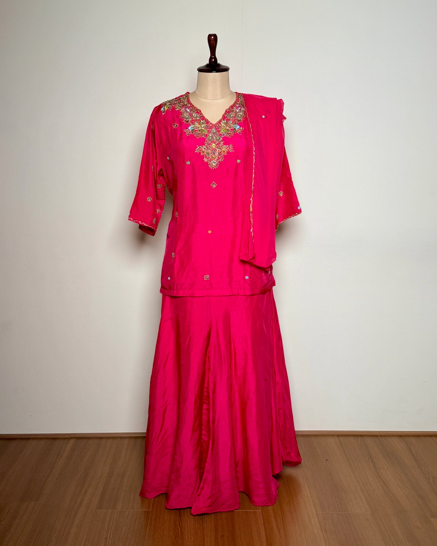 Rani Pink Silk Zardosi & Antique Aari Embroidered Indo-Western – TF-P-691 L