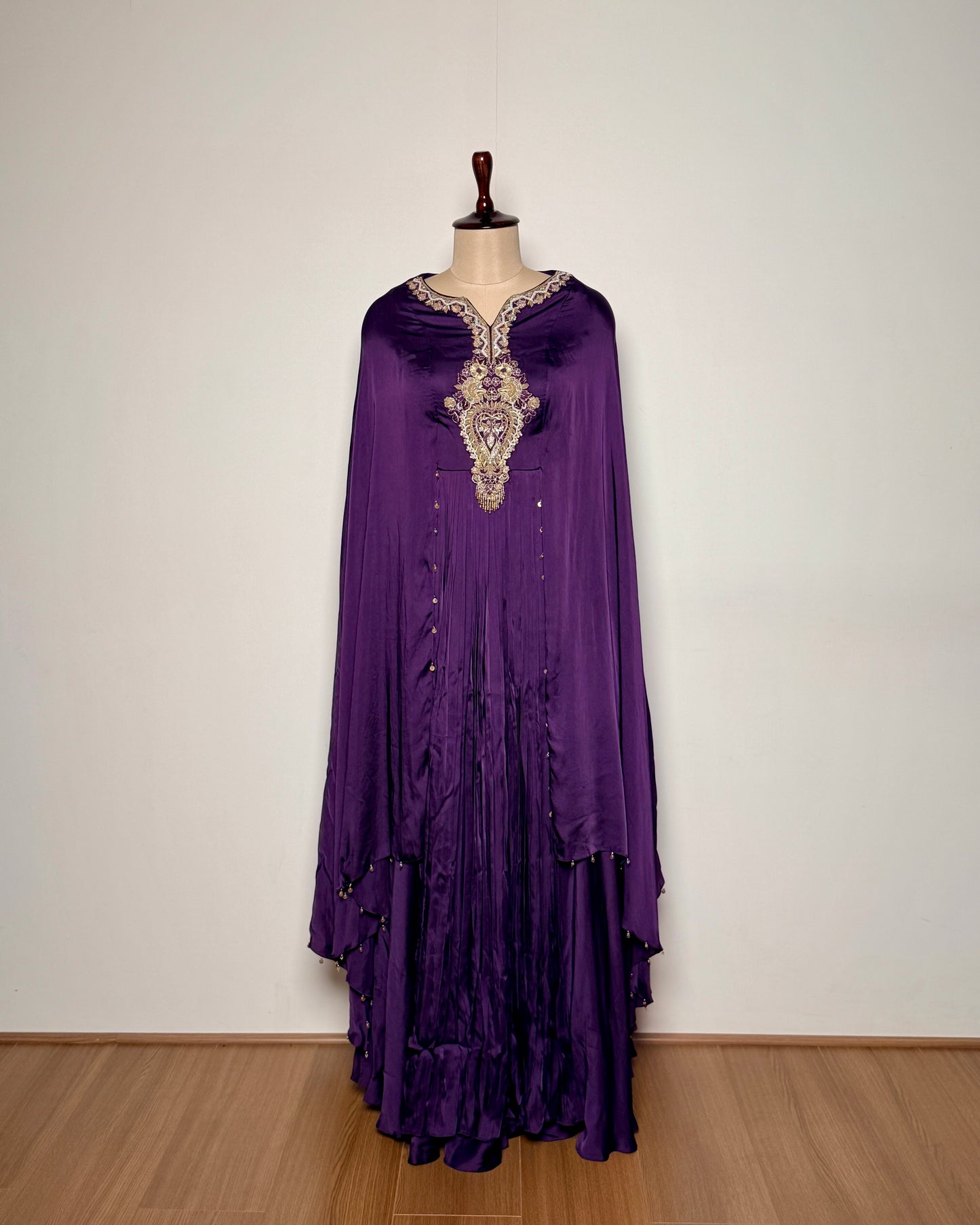 Purple Pure Satin Silk Zardosi, Moti & Aari Embroidered Gown – Suit 2 U