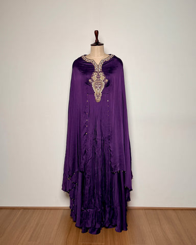 Purple Pure Satin Silk Zardosi, Moti & Aari Embroidered Gown – Suit 2 U