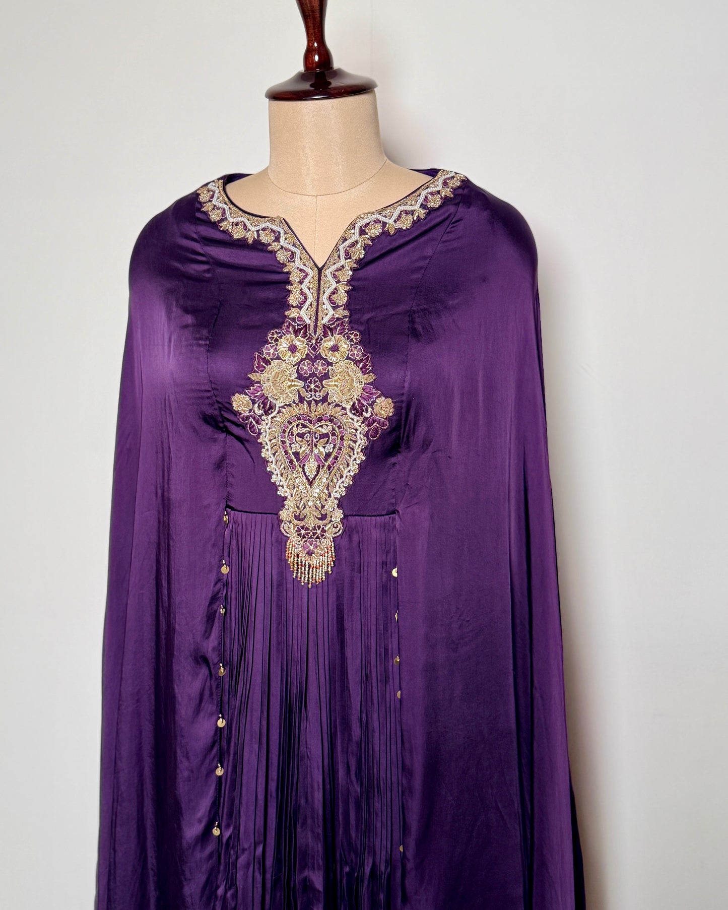 Purple Pure Satin Silk Zardosi, Moti & Aari Embroidered Gown – Suit 2 U