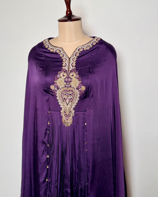 Purple Pure Satin Silk Zardosi, Moti & Aari Embroidered Gown – Suit 2 U