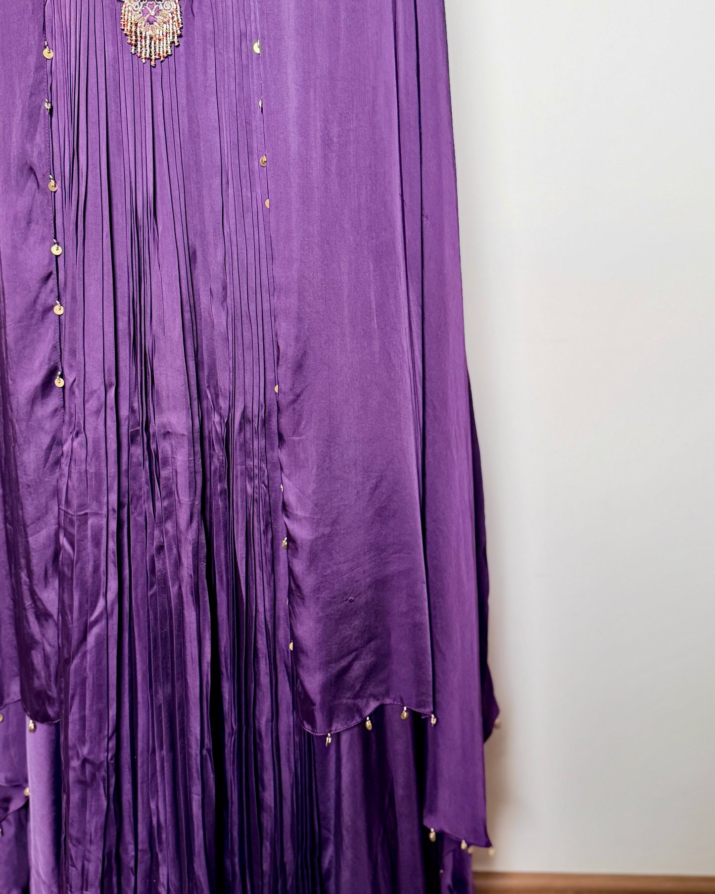 Purple Pure Satin Silk Zardosi, Moti & Aari Embroidered Gown – Suit 2 U