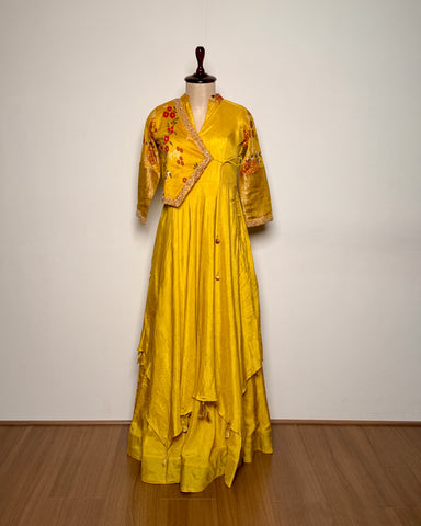 Mustard Yellow Pure Silk Hand-Painted Zardosi & Zari Embroidered Gown – Suit 3 U