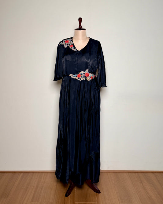 Royal Black Silk Aari, Zardosi & Golden Zari Embroidered Indo-Western – TF-P-903 L