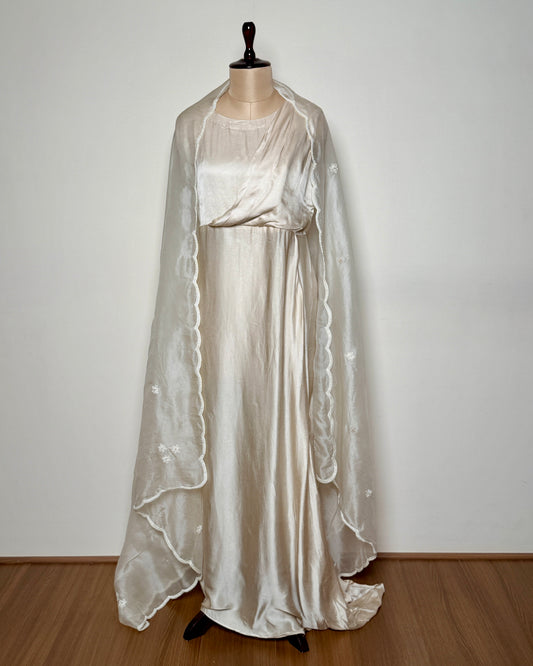 Off White Tissue & Satin Silk Moti Border Thread Motif gown – TOP/MG-N649 V
