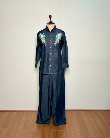 Blue Denim Floral Beaded Embroidered Co-ord Set – TF- 1375 L