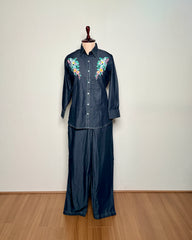 Blue Denim Floral Beaded Embroidered Co-ord Set – TF- 1375 L