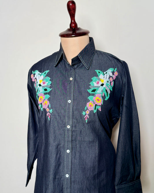 Blue Denim Floral Beaded Embroidered Co-ord Set – TF- 1375 L