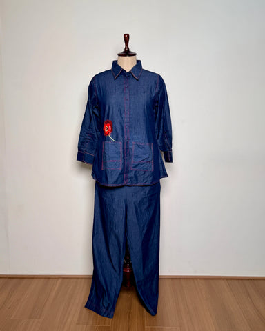 Blue Denim Floral Motif Thread Embroidered Co-ord Set – TD -11 L