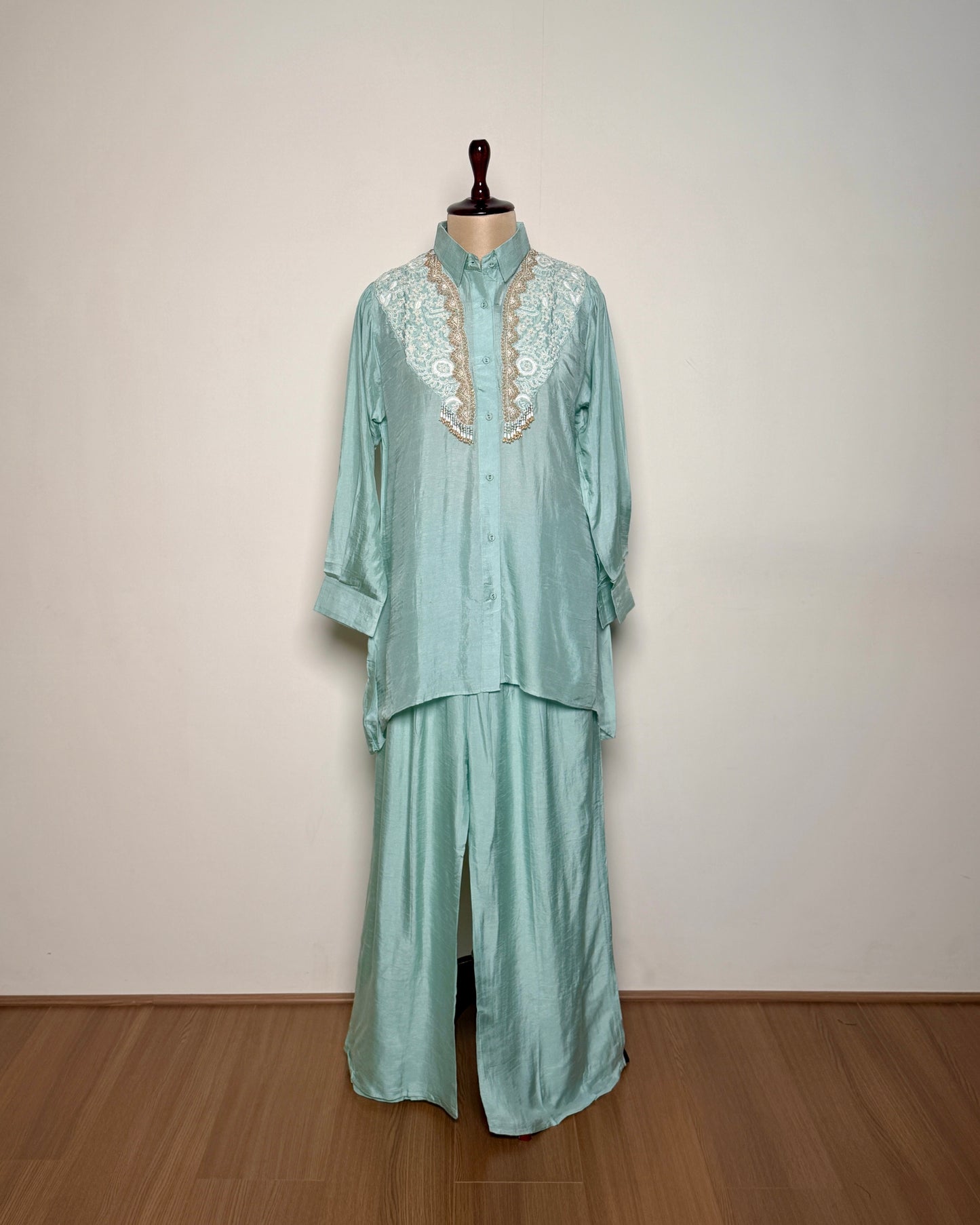 Soft Blue Satin Silk Gotta, Moti & Sequin Embroidered Indo-Western – SUIT / S-394 / POW BLUE R