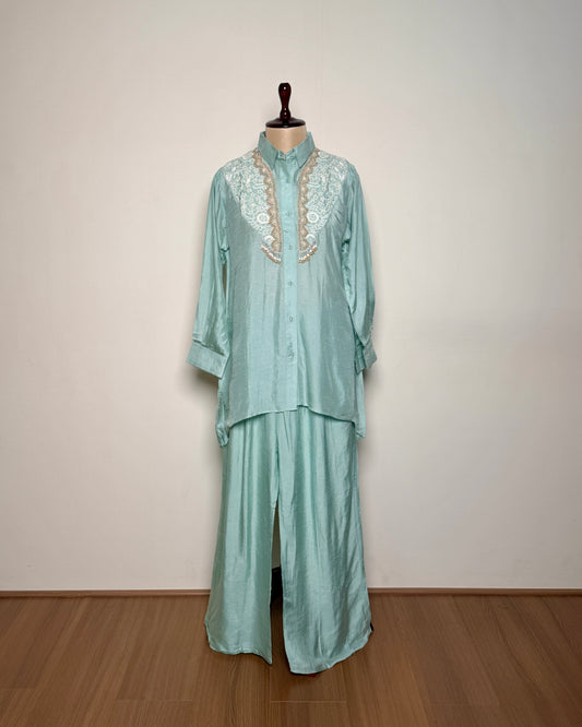 Soft Blue Satin Silk Gotta, Moti & Sequin Embroidered Indo-Western – SUIT / S-394 / POW BLUE R