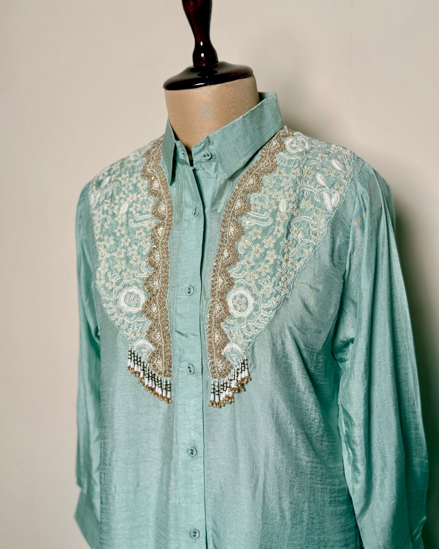 Soft Blue Satin Silk Gotta, Moti & Sequin Embroidered Indo-Western – SUIT / S-394 / POW BLUE R