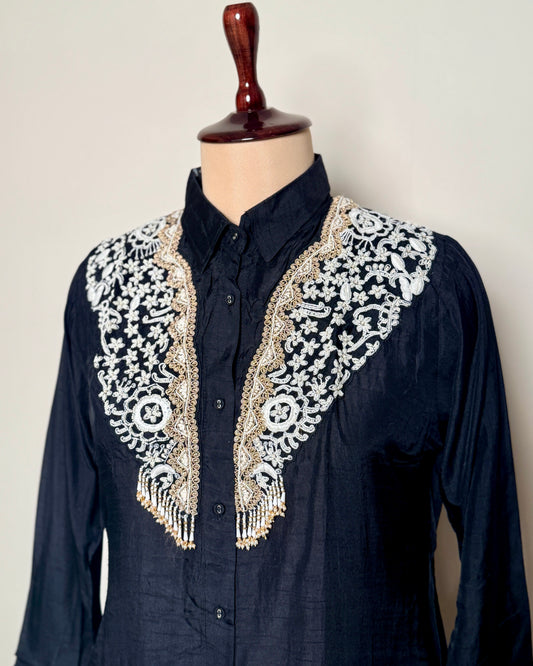 Black Satin Silk Gotta, Moti & Sequin Embroidered Indo-Western – SUIT / S-394 / BLACK R